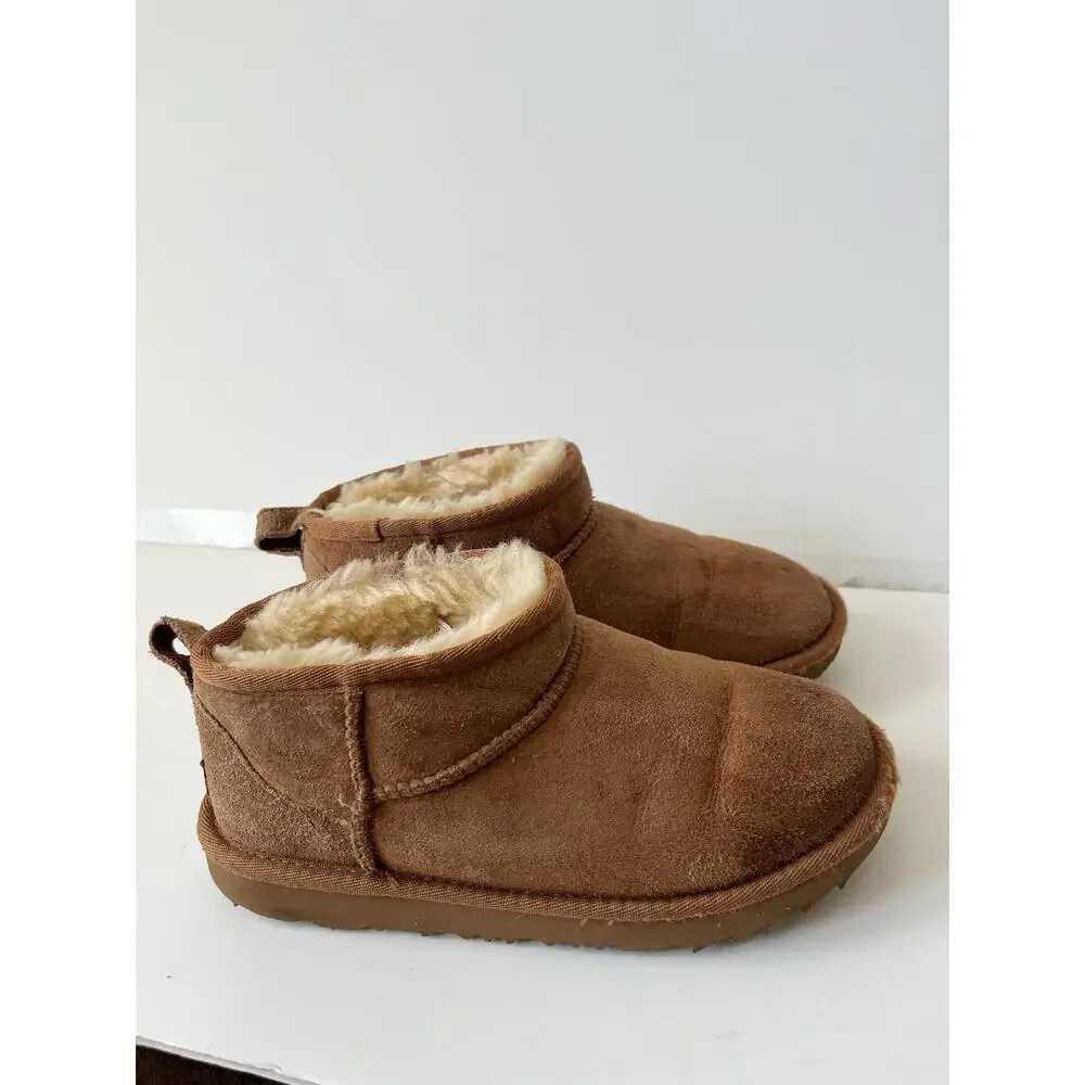 UGG Shearling Boots Kids Size 3 Brown Suede Lined Ankle Pull On Winter Cozy